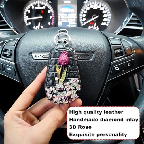 Mandark Bling Car Key Case, Genuine Leather Crystal Rhinestone Vehicle Key Fob - Image 5