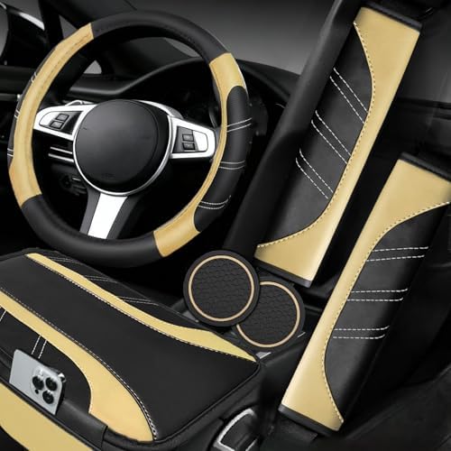 NBTEPEM 6 Pcs Beige Steering Wheel Cover Set, Sport Microfiber Leather Steering by NBTEPEM