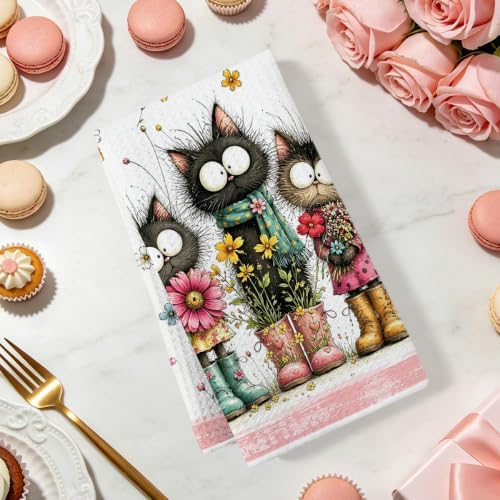 2 Pcs Funny Cat Kitchen Towels, Cat Theme Soft Absorbent Hand Tea Towels 03 - Image 2