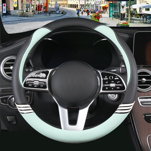 15 inch Cute Leather Steering Wheel Cover Black and Green - Image 3