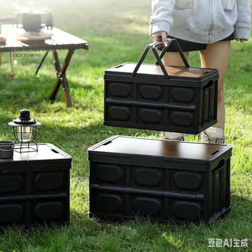 Collapsible Storage Crate with Wood Lid, Stackable Camping Box - Image 3