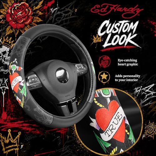 ED HARDY Heart Print Steering Wheel Cover, Fits 14.5-15.5 Inch Steering Wheels - Image 3