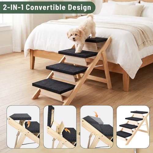 Dog Stairs/Ramp for Bed, Wooden 2-in-1 Foldable Pet Stairs & Ramp - Image 3