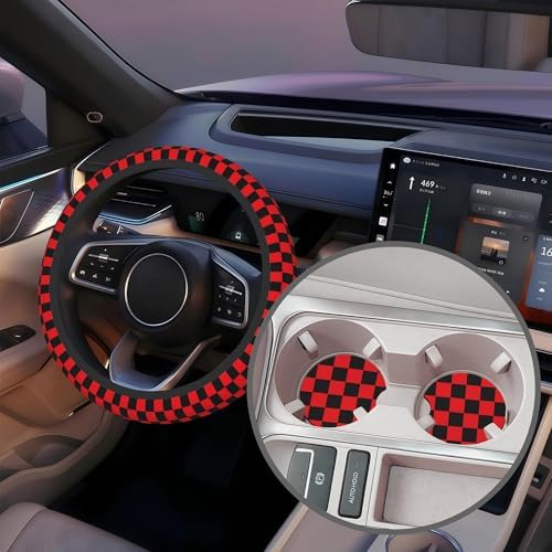 Black and Red Checkered Steering Wheel Cover - Image 5