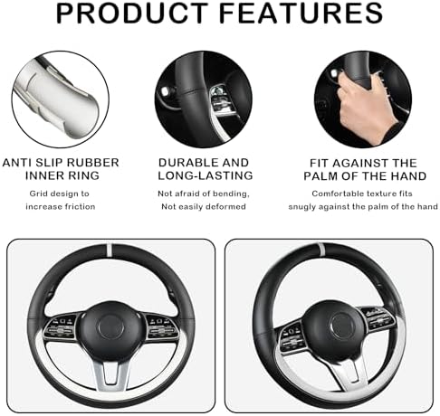 Black & White Nappa Leather Steering Wheel Cover, 14.5-15 inch Universal Car - Image 4