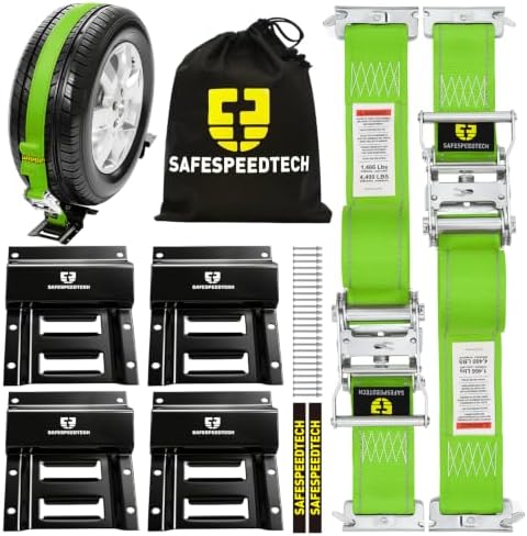 UTV Wheel Chock Tie Down Kit 2pk 2"x 8' 4400LBS E Track Tire Ratchet Straps by SAFESPEEDTECH