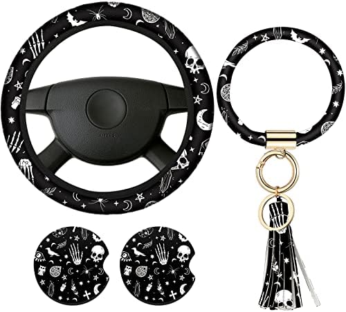 4 Pieces Black Moons White Stars Print Car Accessories Set Black Moons White by Frienda