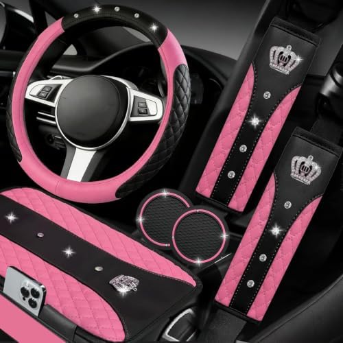 NBTEPEM 6 PCS Bling Pink Car Accessories Set, Leather Pink Steering Wheel by NBTEPEM