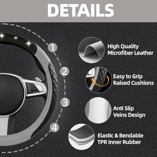 NBTEPEM 6 PCS Bling Grey Car Accessories Set, Leather Grey Steering Wheel - Image 3