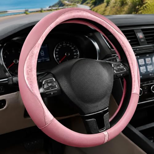 Pink Patterned Leather Patchwork Steering Wheel Cover, 14.5-15 Inch Universal - Image 2