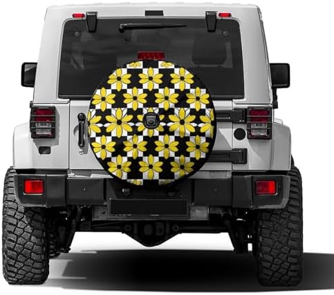 Yellow Flowers Checkered Spare Tire Cover by Foruidea