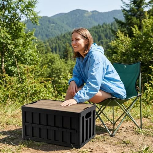 2 Pack 50L Black Storage Crate Wooden Lid Foldable Stackable Bin - Image 4