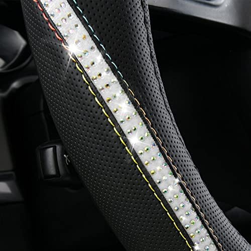 CAR PASS Bling Diamond Black Leather Steering Wheel Cover, Studded Crystal - Image 2