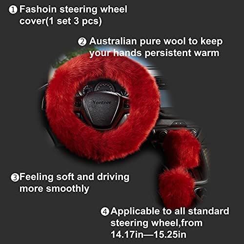 Burgundy Fluffy Genuine Sheepskin Steering Wheel Cover Set - Image 4