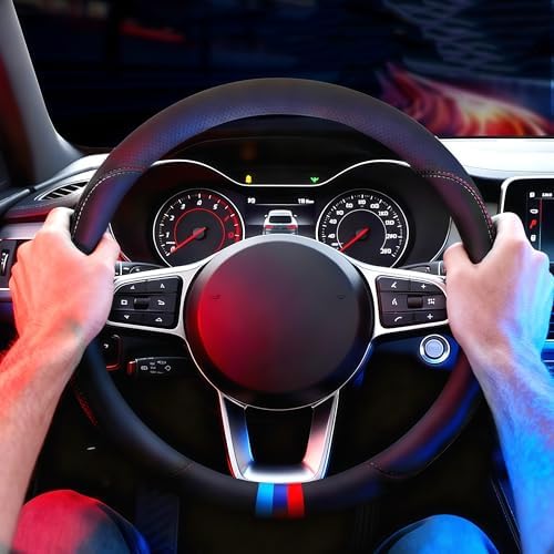 Leather Car Steering Wheel Cover, Tricolor Sporty Style, Breathable - Image 6