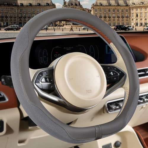 Nappa Leather Grey D Shaped Steering Wheel Cover 15 inch - Image 2