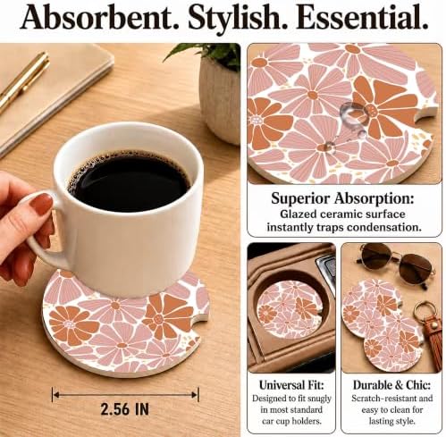 Boho Floral Car Coasters, Retro Minimalist Country Flowers Cup Holders - Image 3
