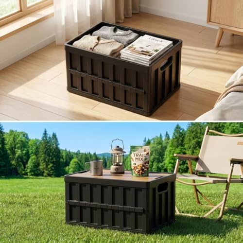 3 Pack 50L Black Collapsible Storage Crate Wooden Lid Stackable Bin - Image 2