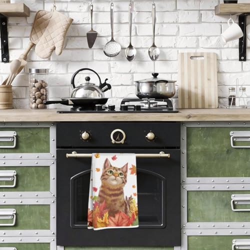 Cute Cat Autumn Decor Kitchen Towels, Fall Decorations Waffle Hand Towels - Image 5