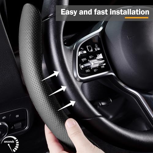 Car Steering Wheel Cover Leather 14.5-15 in Universal 3Pcs Set Black - Image 3