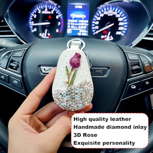 Mandark Bling Car Key Case, Genuine Leather Crystal Rhinestone Vehicle Key Fob - Image 5