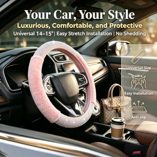 Bling Steering Wheel Cover Pink Fluffy Rhinestone - Image 2