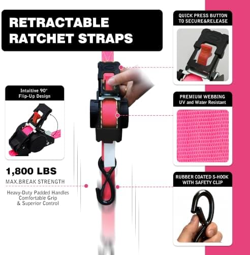 Retractable Ratchet Straps 1" x 13 Ft, 800 Lbs, 4 Pack - Image 3