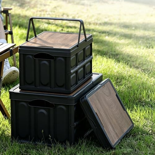 Collapsible Storage Crate with Wood Lid, Stackable Camping Box - Image 5