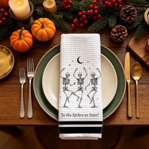 Gothic Kitchen Decor Towel, Dancing Skeleton Halloween Dish Towel - Image 5