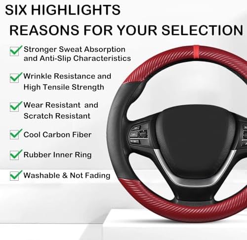 Black & Red Carbon Fiber Leather Steering Wheel Cover, 14.5-15 Inch Non-Slip - Image 5