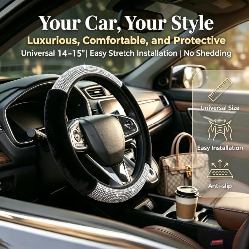 Bling Steering Wheel Cover Black Fluffy Rhinestone - Image 2