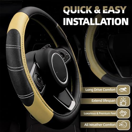 NBTEPEM 6 Pcs Beige Steering Wheel Cover Set, Sport Microfiber Leather Steering - Image 2