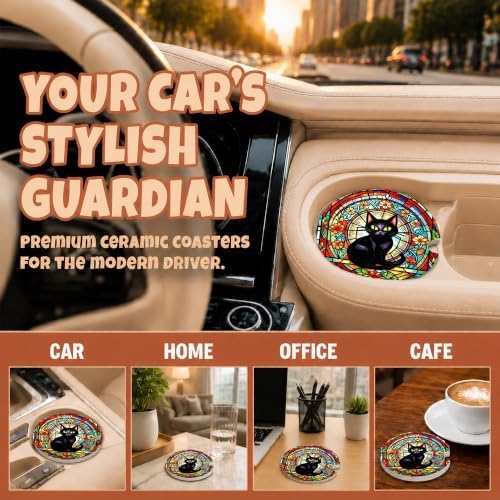 Black Cat Stained Glass Car Coasters, Retro Floral Gothic Cup Holders - Image 4