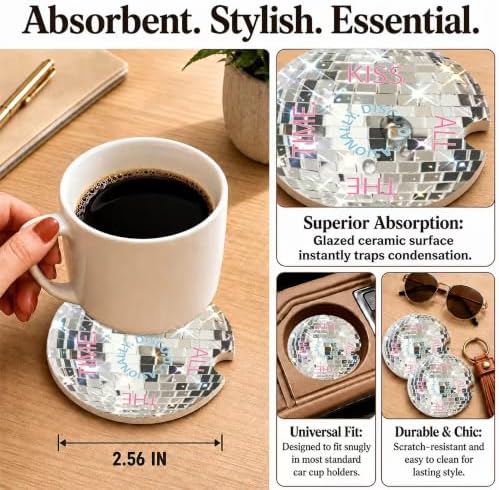 Disco Ball Car Coasters, Retro Coquette Preppy Cup Holders - Image 3