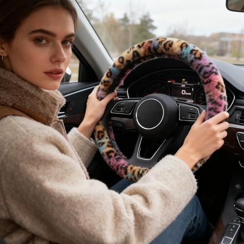 Leopard Print Fuzzy Steering Wheel Cover Universal- 2PCS Car Coasters - Image 4