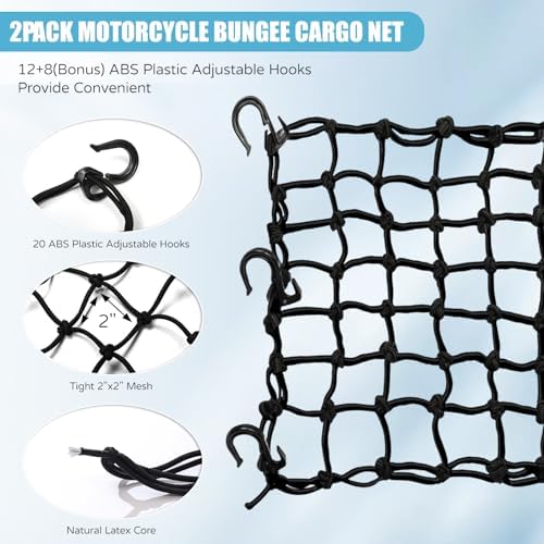 2 Pack 15"X15" Motorcycle Cargo Net Stretches to 30"x30", Total 20 Hooks - Image 3