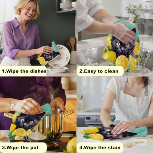 Cute Cat Lemon Kitchen Towels, Summer Lemon Hand Towels - Image 6