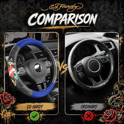 ED HARDY Heart Print Steering Wheel Cover, Fits 14.5-15.5 Inch Steering Wheels - Image 6