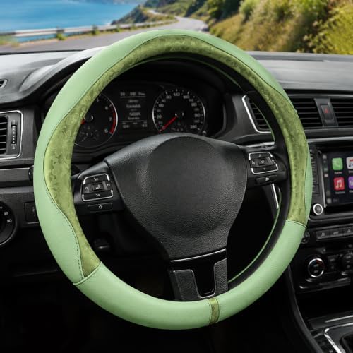 Green Patterned Leather Patchwork Steering Wheel Cover, 14.5-15 Inch Universal - Image 2