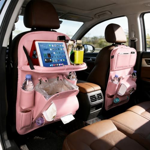 Car Backseat Organizer with Foldable Table Tray, PU Leather Seat Back Organizer by TENLBYC