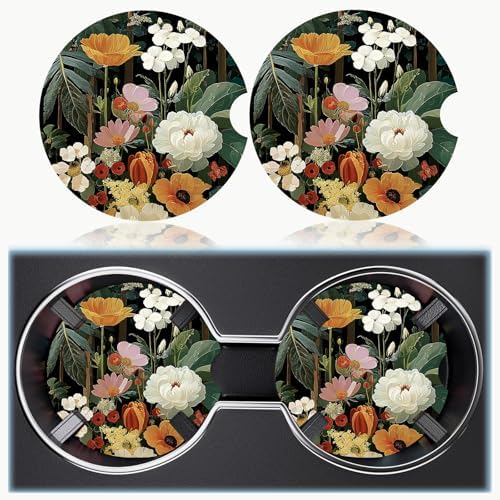 Ceramic Car Cup Holder Coasters Set of 2, 2.56 in Black Flowers - Image 6