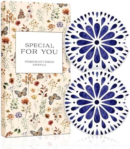 Swooflia Elegant Ceramic Car Coasters Ethnic Blue White Cup Holder Coasters by Swooflia