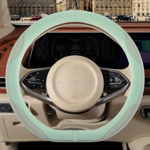 Nappa Leather Green D Shaped Steering Wheel Cover 15 inch by Binsheo