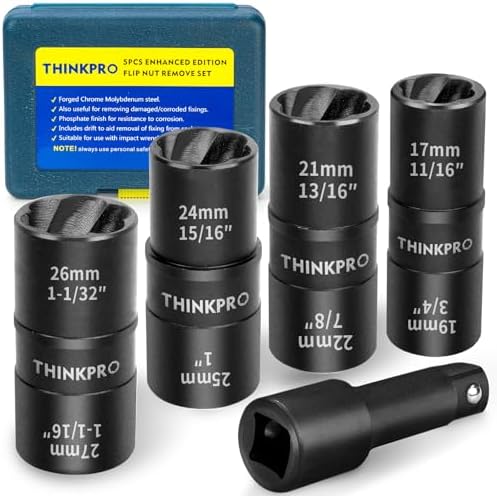 Flip Lug Nut Removal Tool, 5 Piece Wheel Lock Remover Kit by Thinkpro