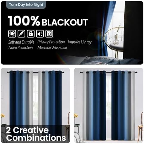 SimpleHome Ombre Blue 100% Blackout Bedroom Curtains - Image 6