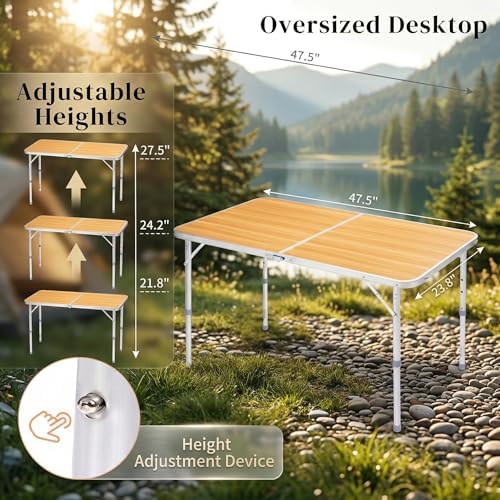 4Ft Portable Folding Table, 3 Adjustable Heights Lightweight Aluminum Picnic - Image 4