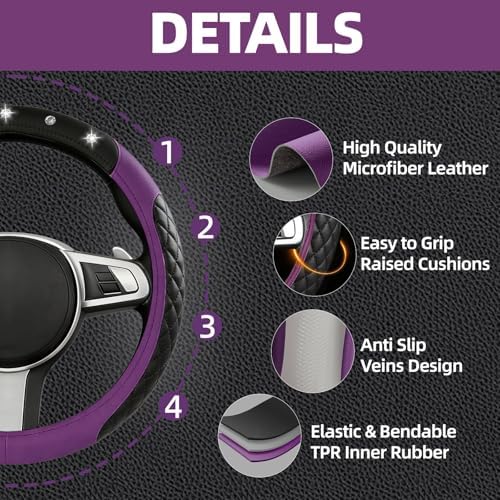 NBTEPEM 10 Pcs Bling Purple Car Floor Mats Set, Leather Purple Steering Wheel - Image 2