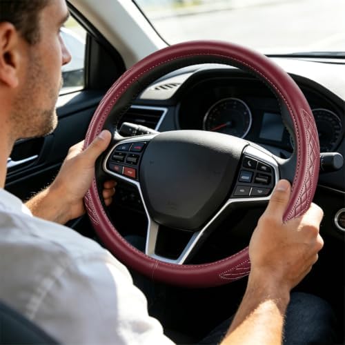 AUCELI 14.5-15 Inch Steering Wheel Cover Non-Slip Leather, Wine Red - Image 6