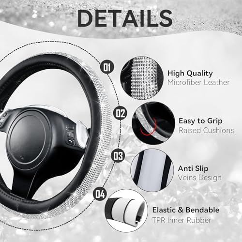 CAR PASS Bling Silver Diamond Leather Steering Wheel Cover, - Image 4