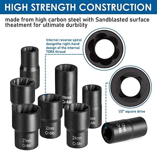 Lug Nut Removal Tool, 10 Piece Lug Nut Extractor Set 1/2 Inch Drive - Image 3